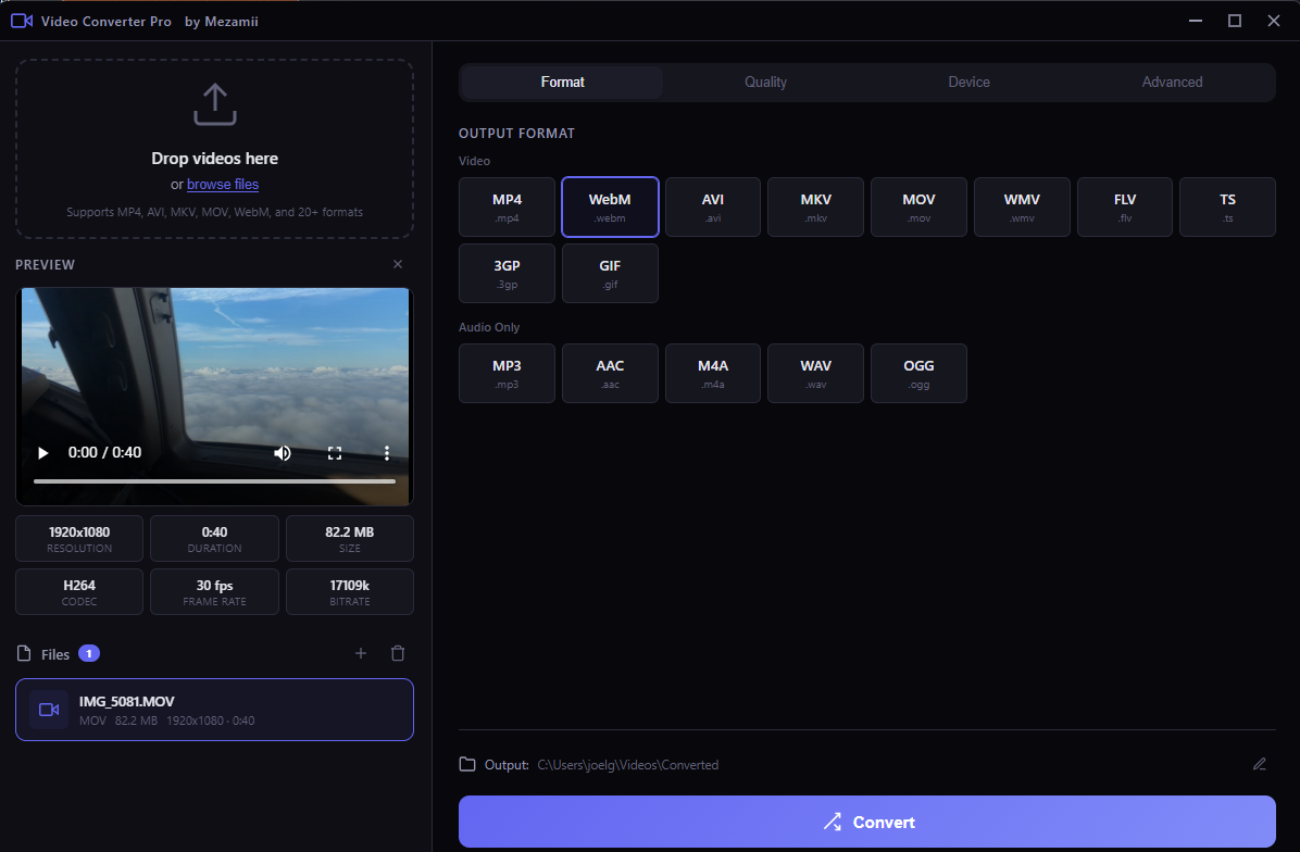 Video Converter Pro Interface — Convert 20+ video formats with batch conversion, quality presets, and device profiles